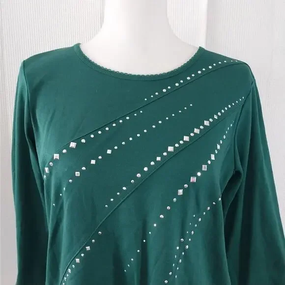 NWT@$54! ALFRED DUNNER! EMERALD GREEN 3/4 SLEEVED, SILVER STUDDED TOP SZ PS - Picture 3 of 9
